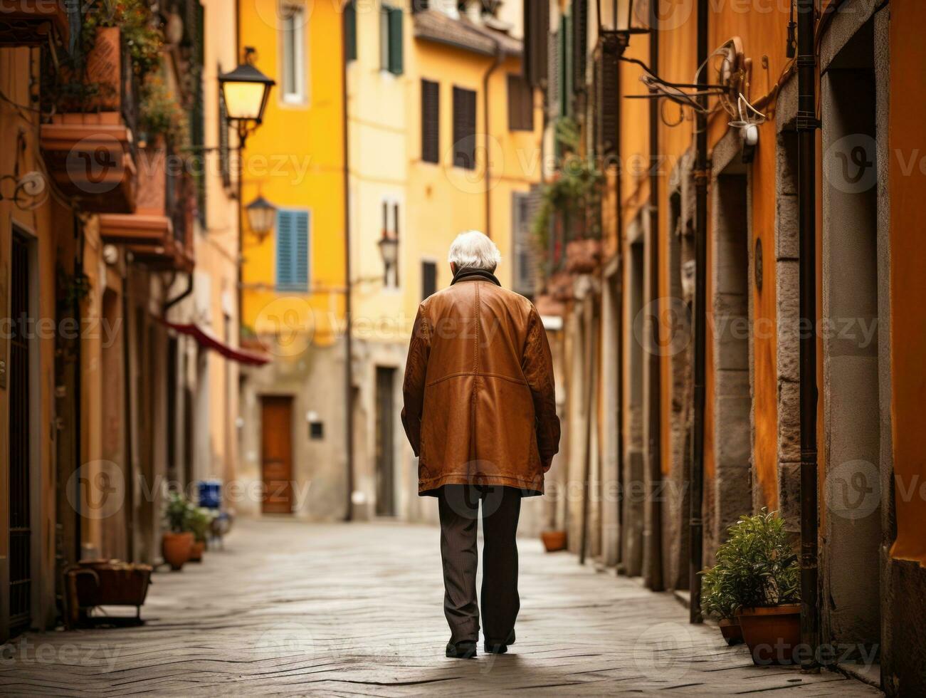 Man enjoys a leisurely stroll through the vibrant city streets AI Generative photo