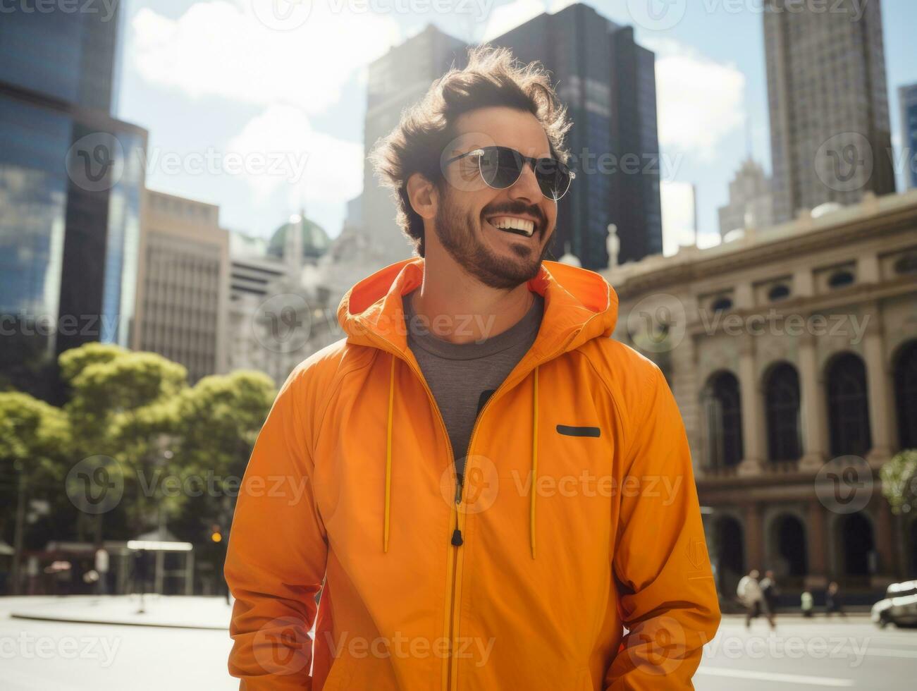 Man enjoys a leisurely stroll through the vibrant city streets AI Generative photo