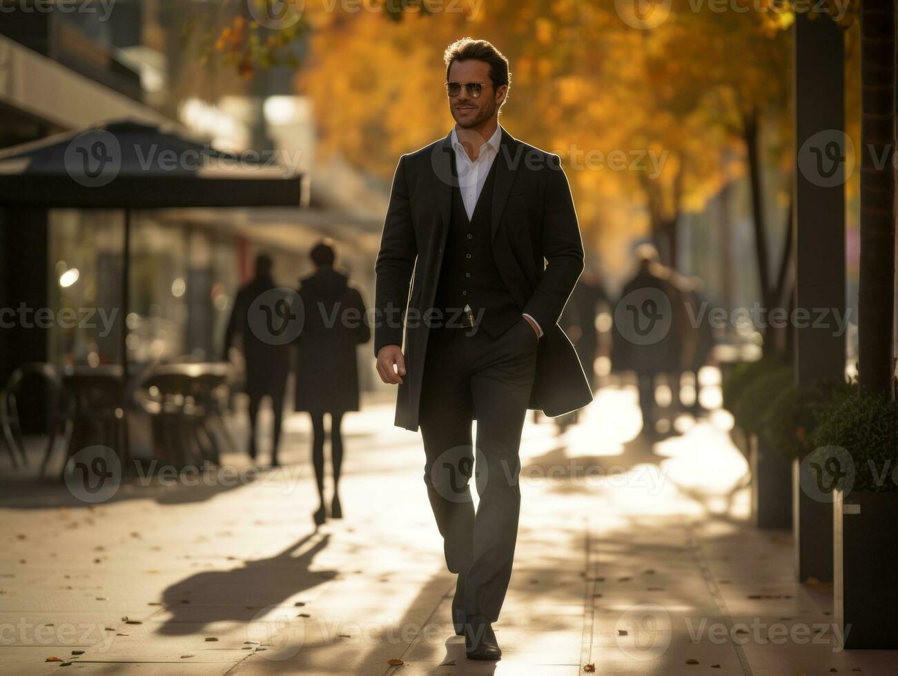 Man enjoys a leisurely stroll through the vibrant city streets AI Generative photo