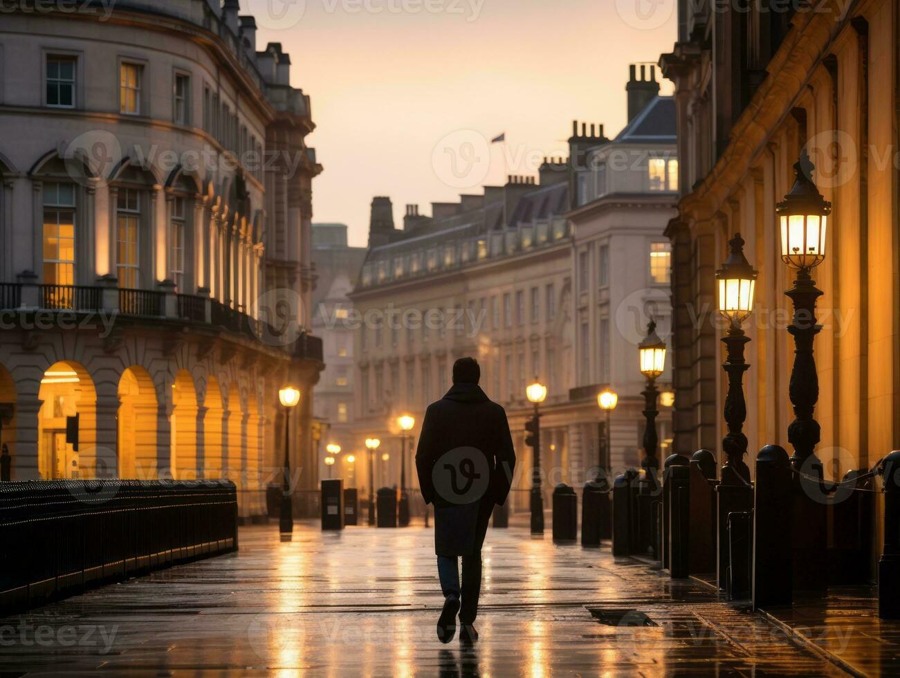 Man enjoys a leisurely stroll through the vibrant city streets AI Generative photo