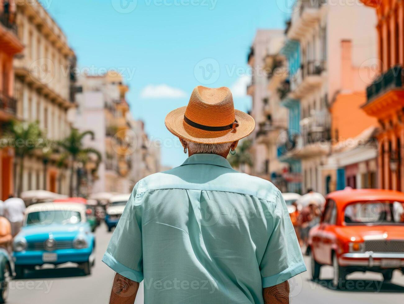 Man enjoys a leisurely stroll through the vibrant city streets AI Generative photo
