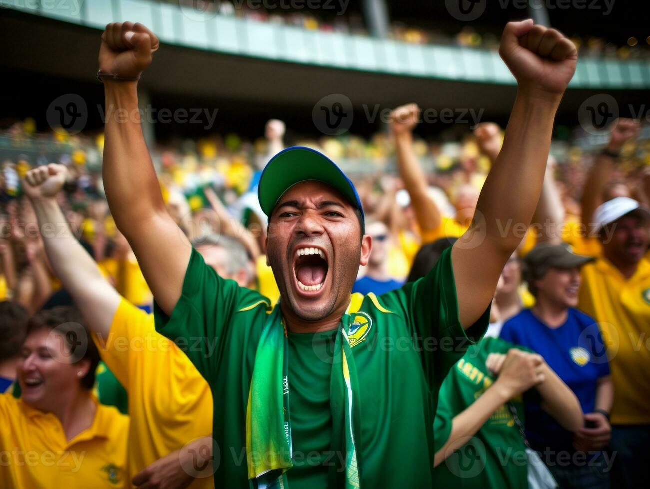 Brazilian man celebrates his soccer teams victory AI Generative photo