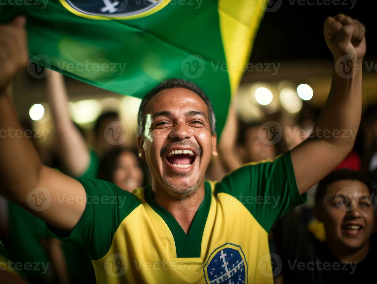 Brazilian man celebrates his soccer teams victory AI Generative photo