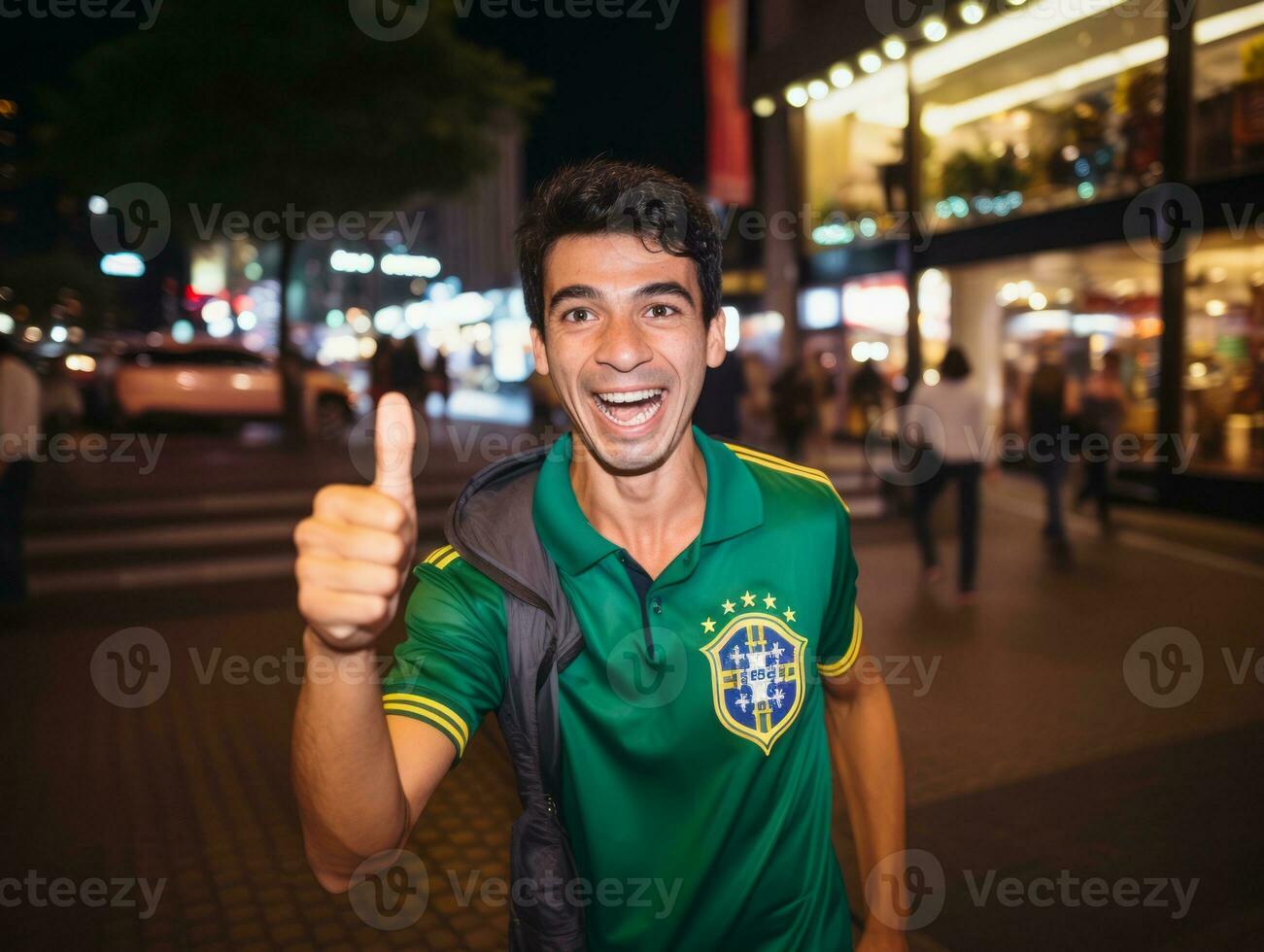 brasileño hombre celebra su fútbol equipos victoria ai generativo foto