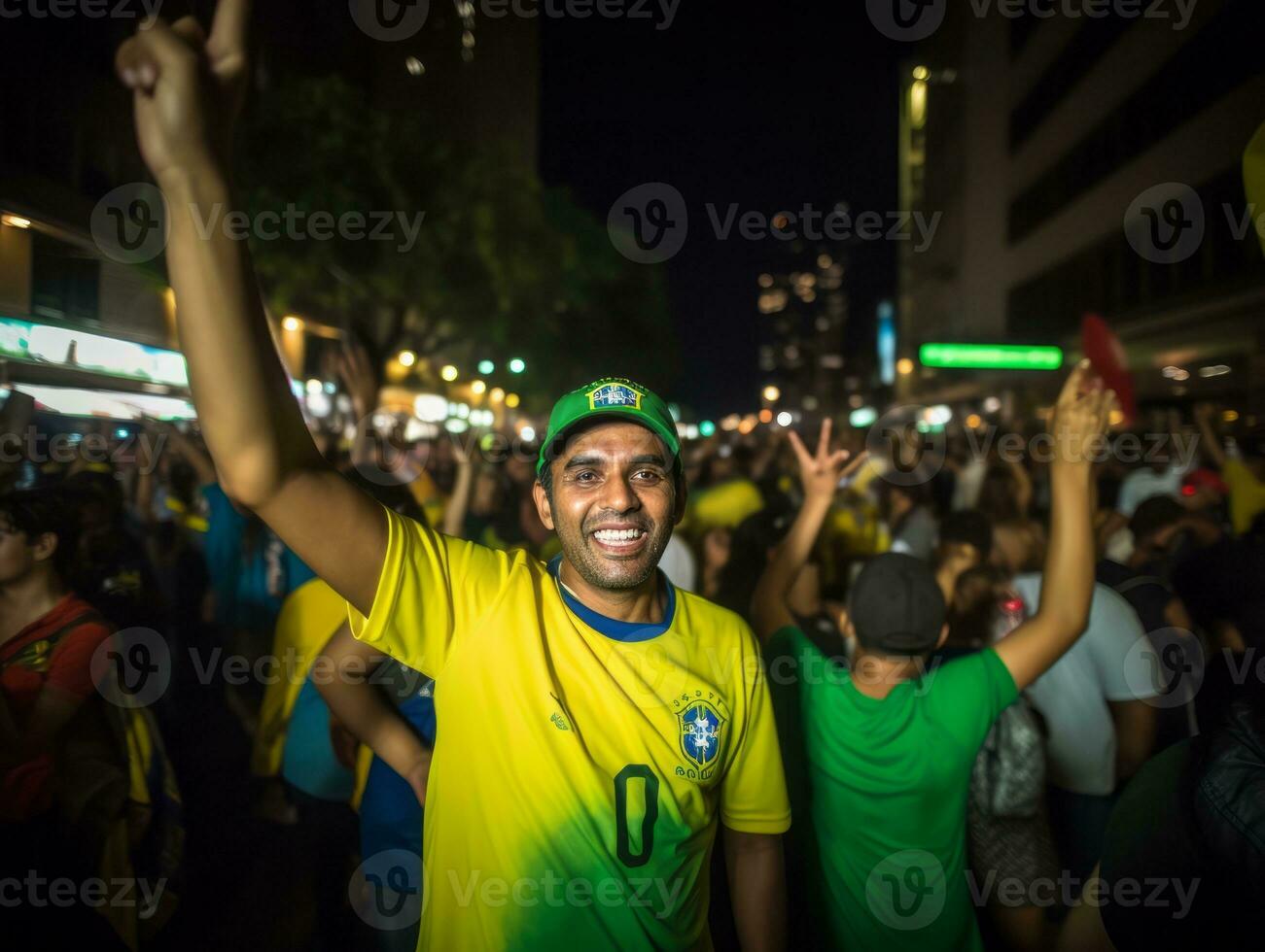 brasileño hombre celebra su fútbol equipos victoria ai generativo foto