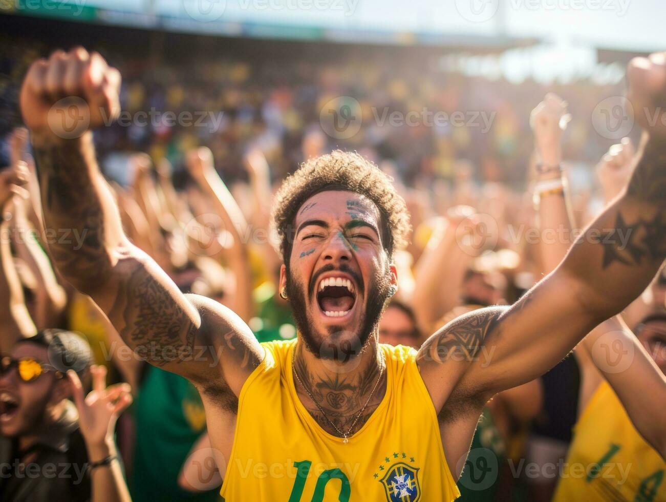 Brazilian man celebrates his soccer teams victory AI Generative photo