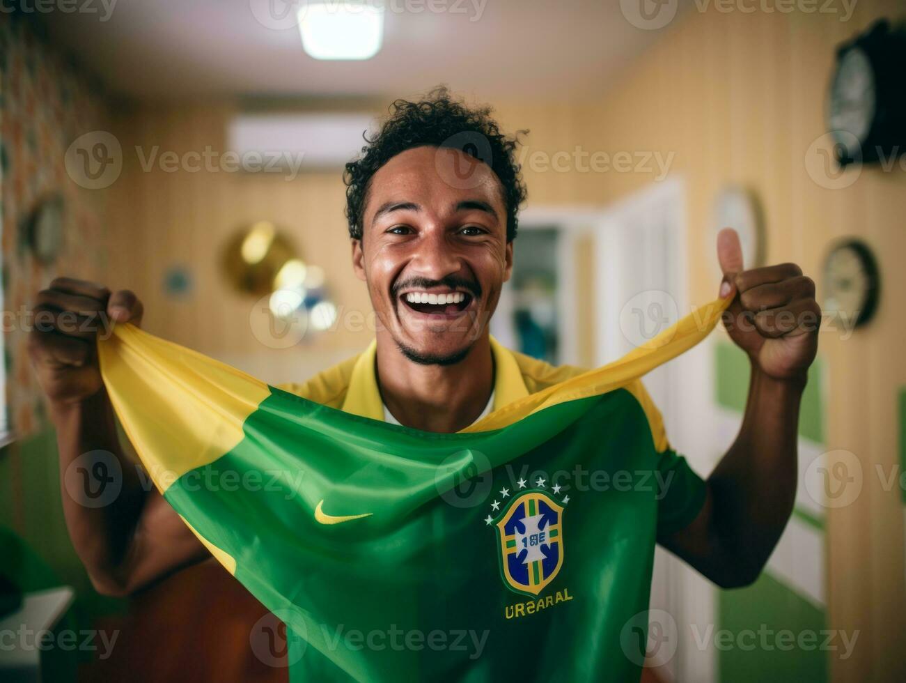 brasileño hombre celebra su fútbol equipos victoria ai generativo foto