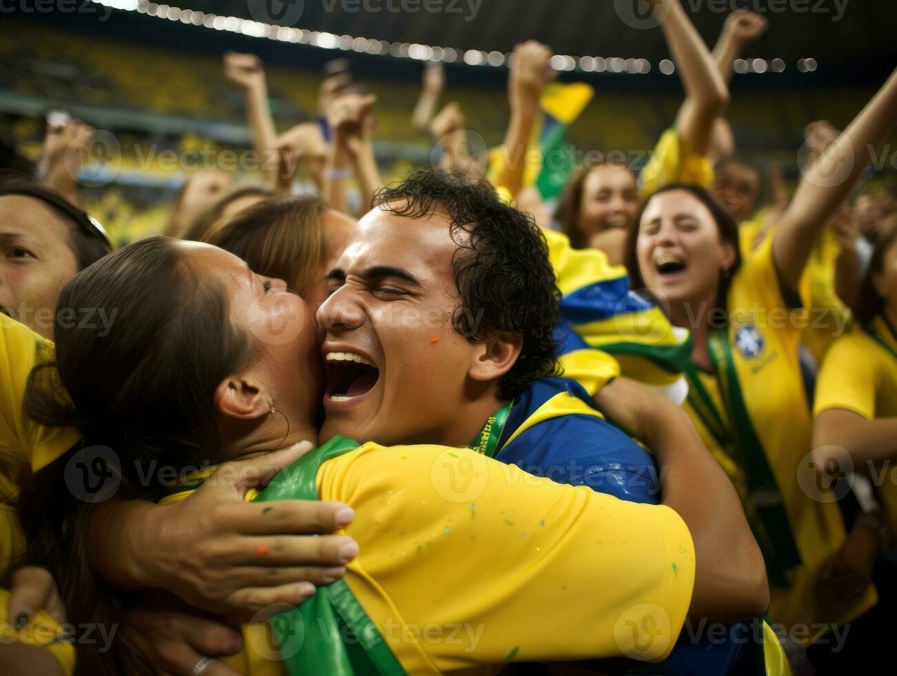 brasileño hombre celebra su fútbol equipos victoria ai generativo foto