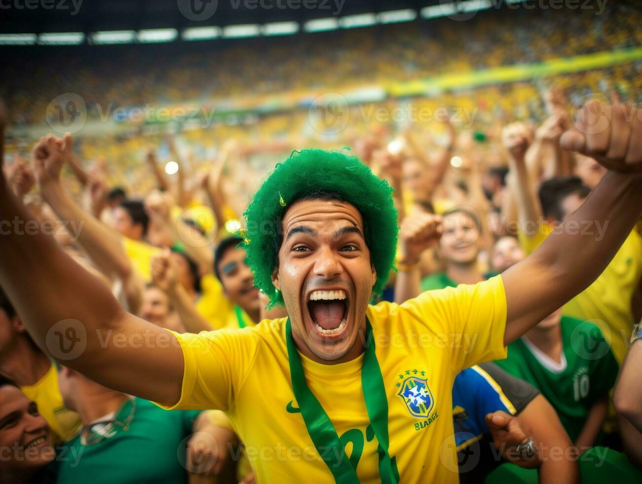 brasileño hombre celebra su fútbol equipos victoria ai generativo foto