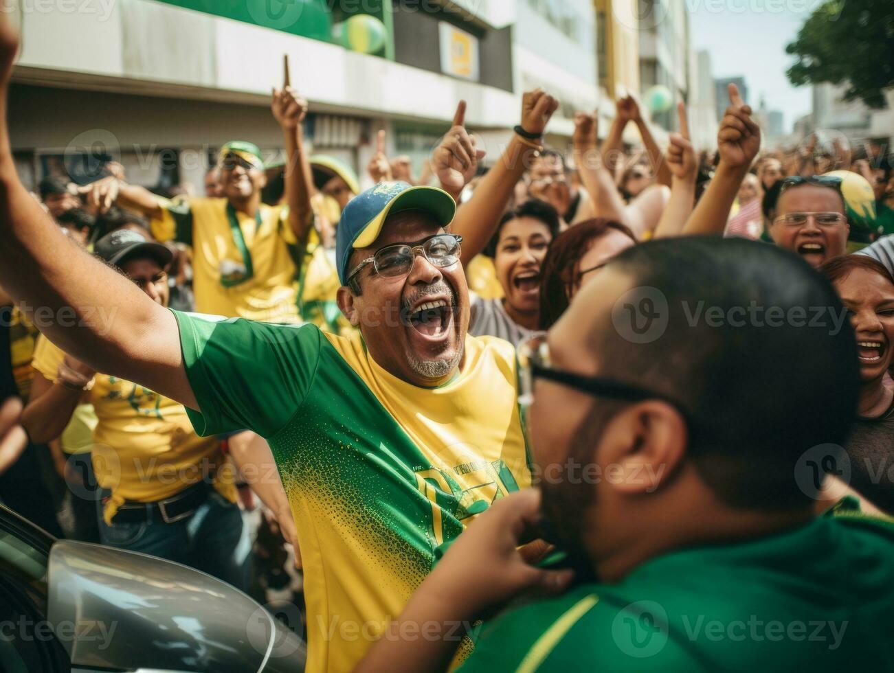 brasileño hombre celebra su fútbol equipos victoria ai generativo foto