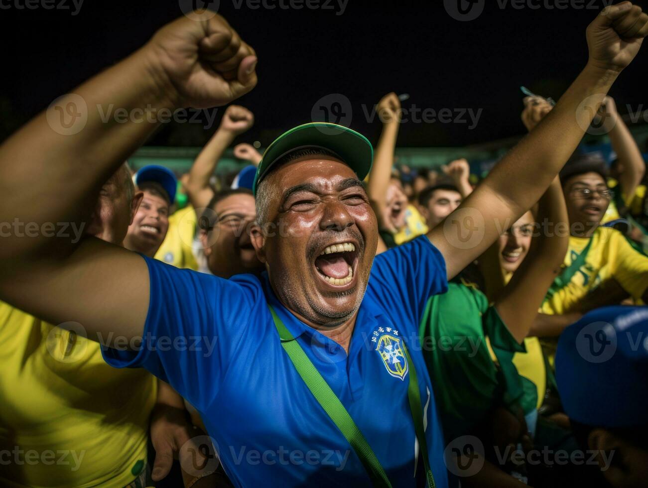 Brazilian man celebrates his soccer teams victory AI Generative photo