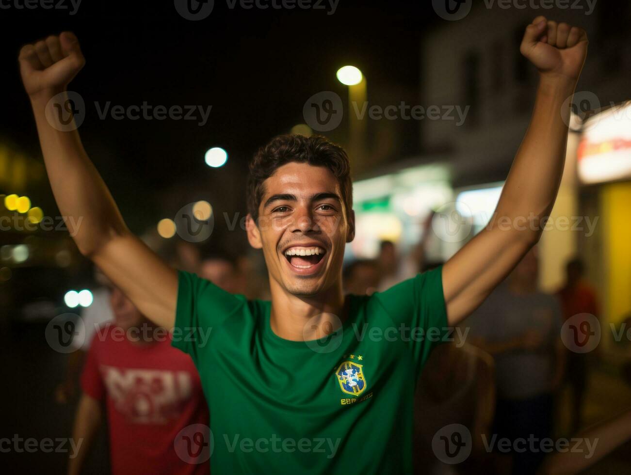 brasileño hombre celebra su fútbol equipos victoria ai generativo foto