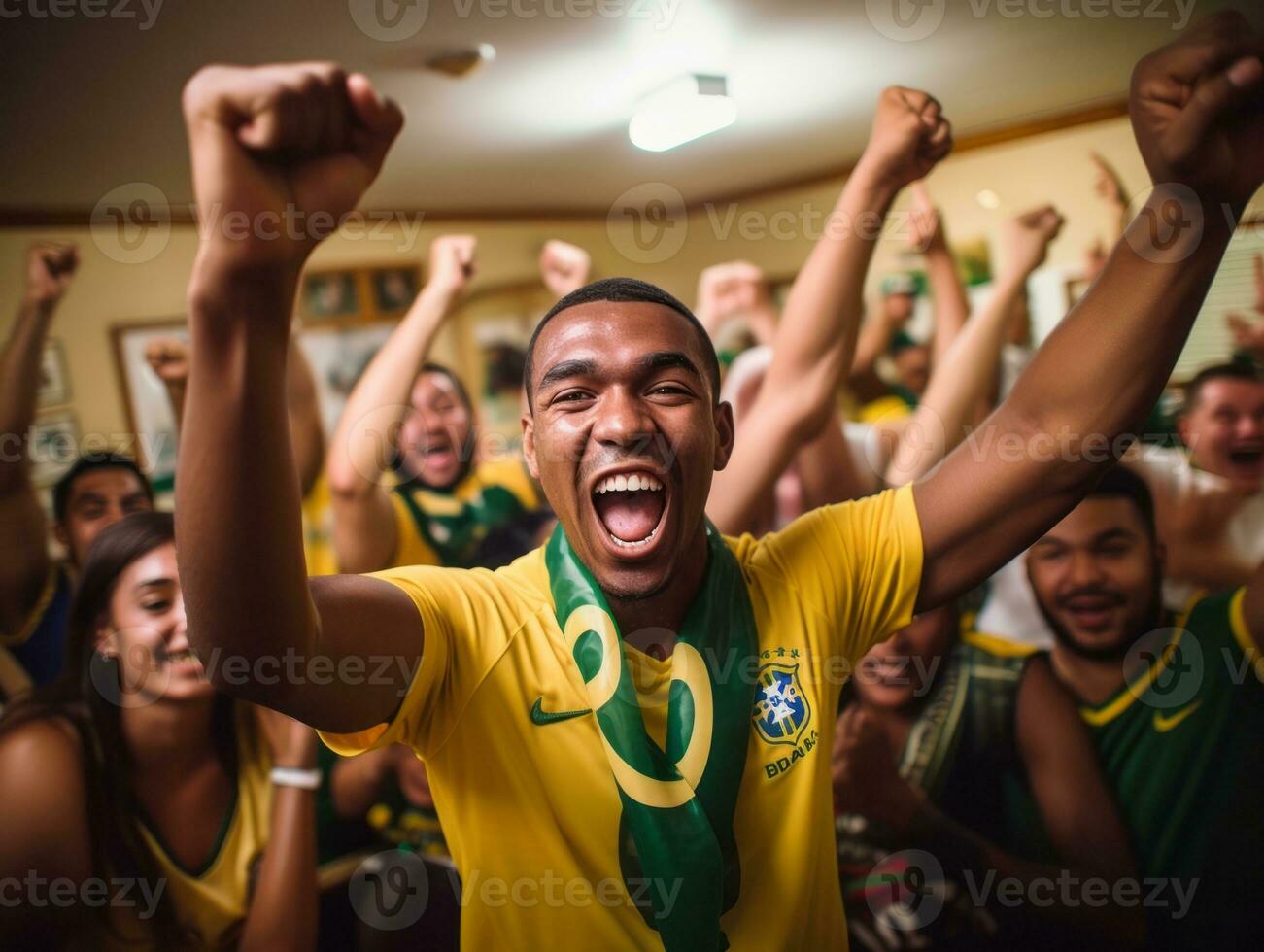 brasileño hombre celebra su fútbol equipos victoria ai generativo foto