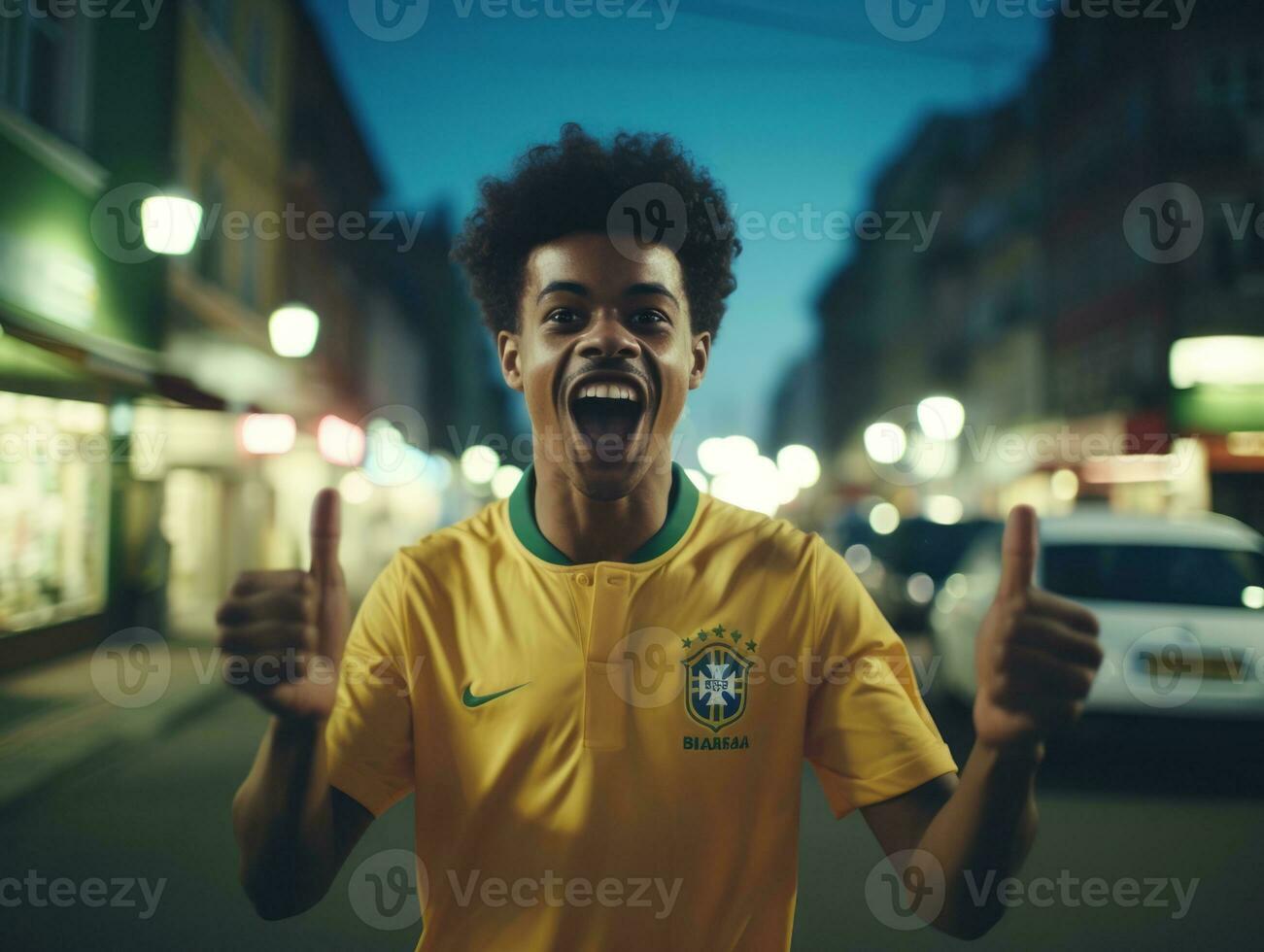 Brazilian man celebrates his soccer teams victory AI Generative photo
