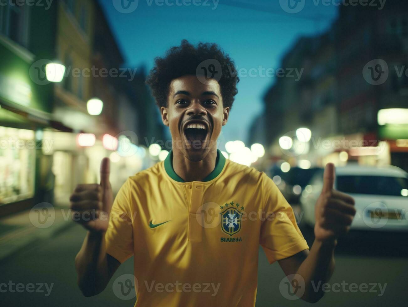 brasileño hombre celebra su fútbol equipos victoria ai generativo foto