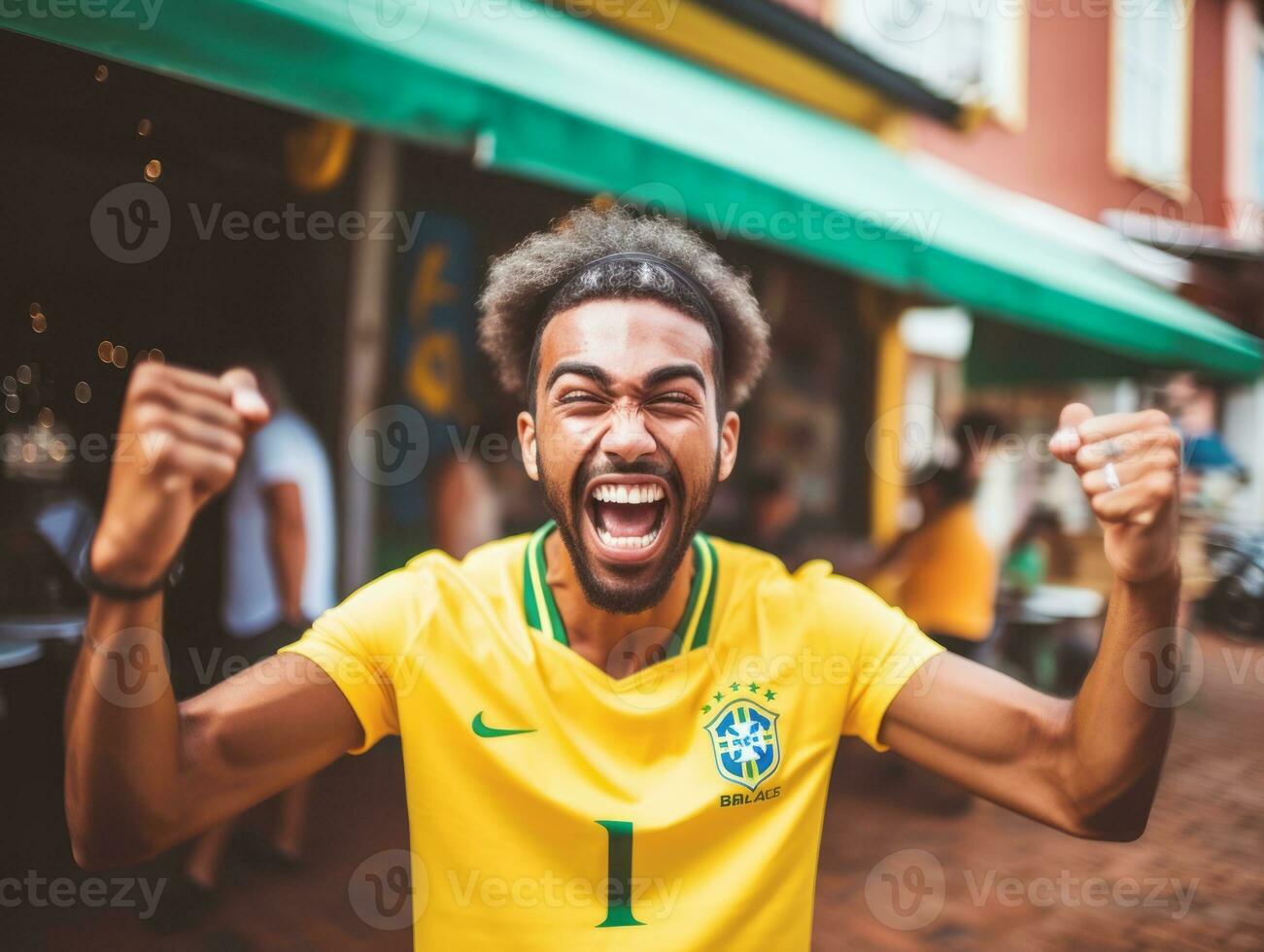 brasileño hombre celebra su fútbol equipos victoria ai generativo foto