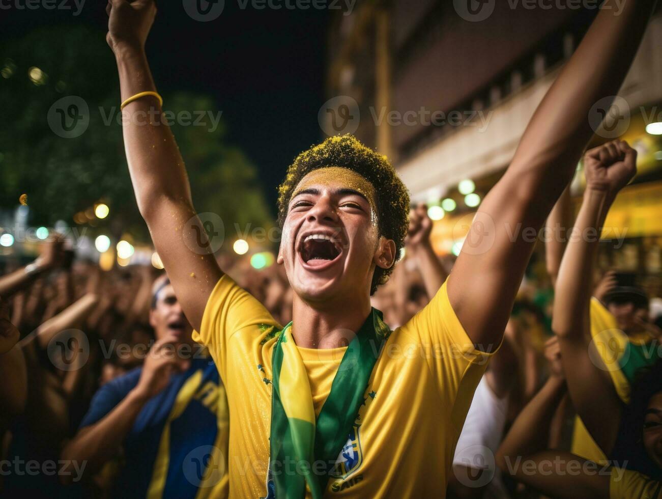 Brazilian man celebrates his soccer teams victory AI Generative photo