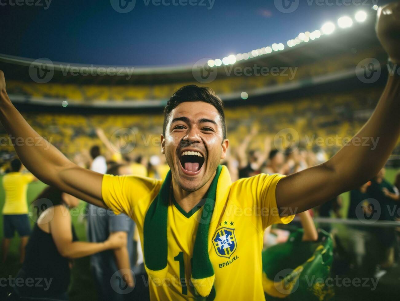 Brazilian man celebrates his soccer teams victory AI Generative photo
