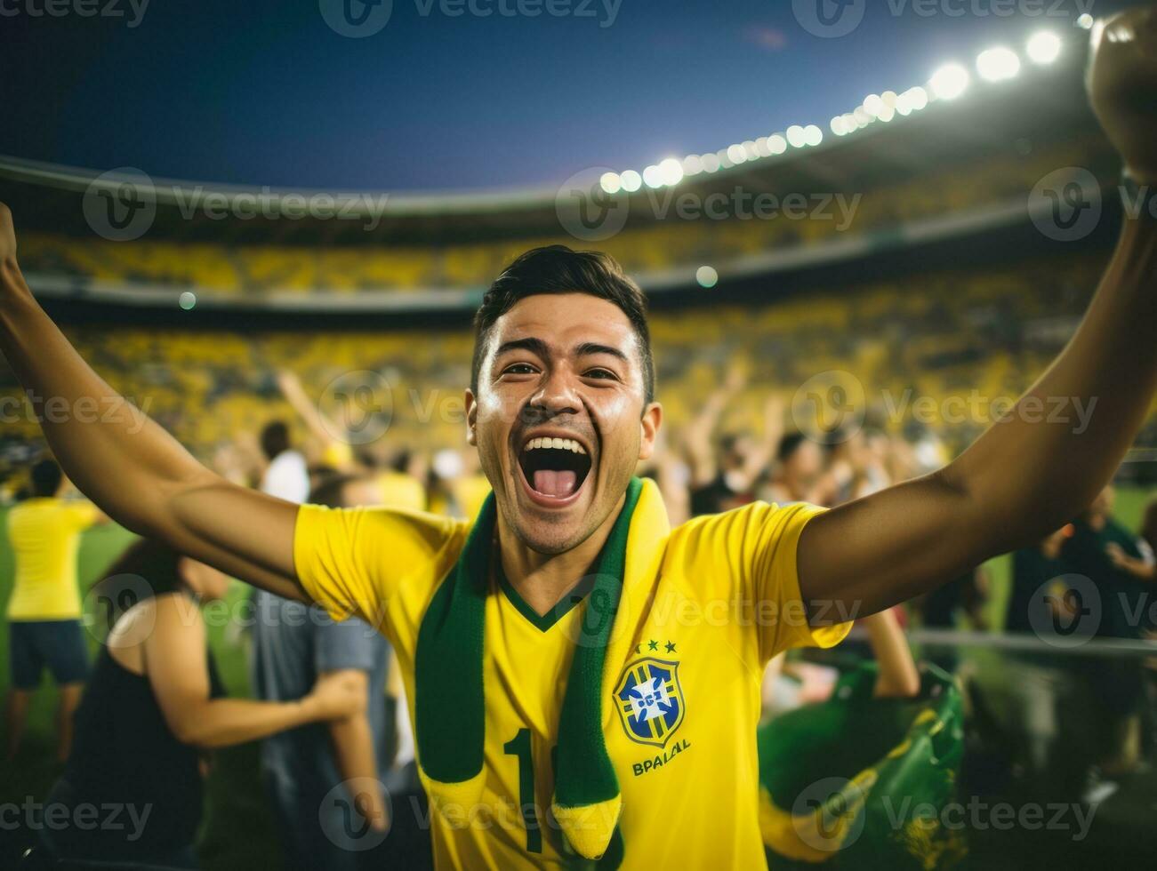 brasileño hombre celebra su fútbol equipos victoria ai generativo foto