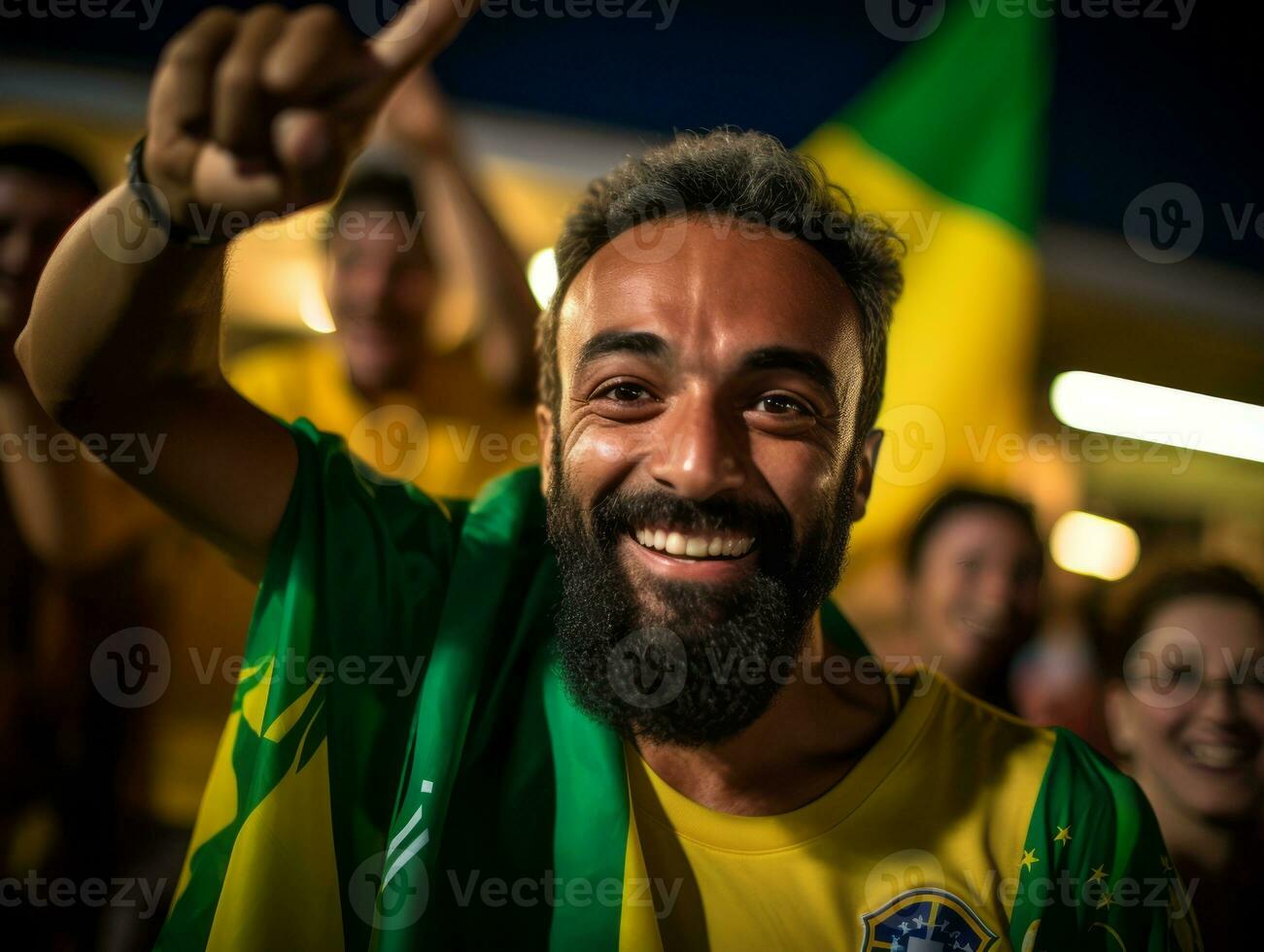 brasileño hombre celebra su fútbol equipos victoria ai generativo foto