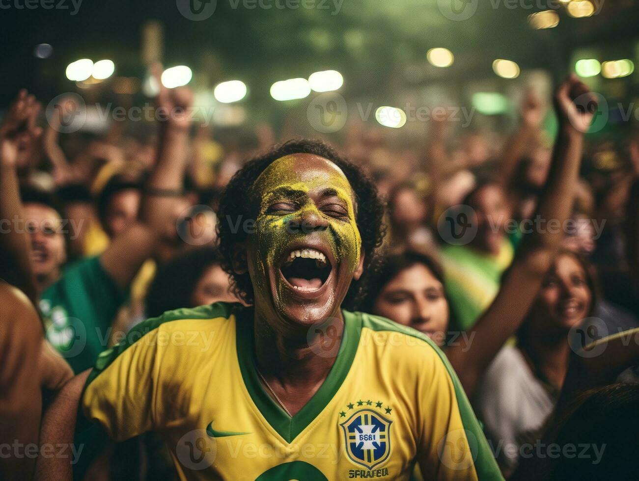 brasileño hombre celebra su fútbol equipos victoria ai generativo foto