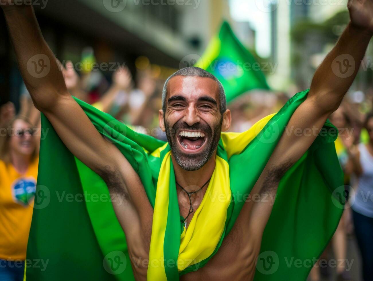 brasileño hombre celebra su fútbol equipos victoria ai generativo foto