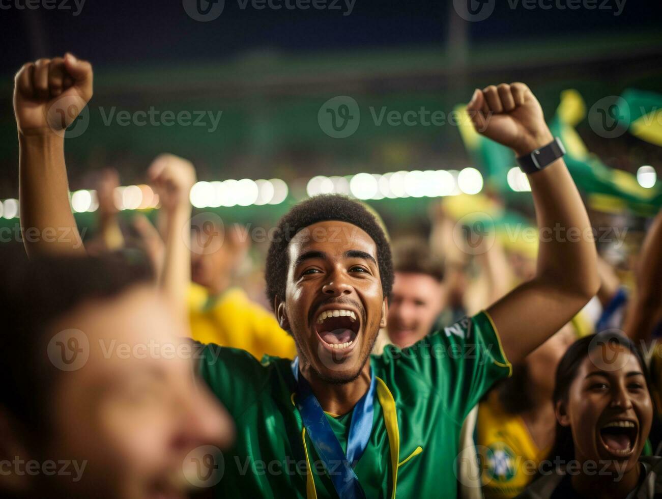 Brazilian man celebrates his soccer teams victory AI Generative photo