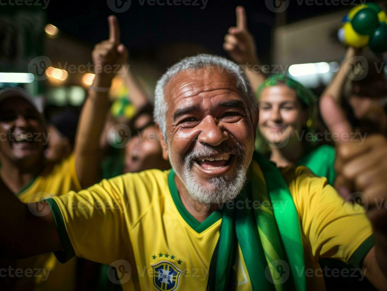 brasileño hombre celebra su fútbol equipos victoria ai generativo foto