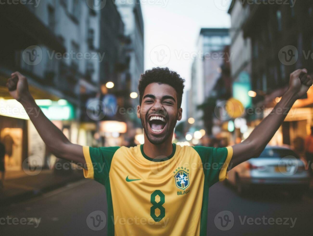 Brazilian man celebrates his soccer teams victory AI Generative photo