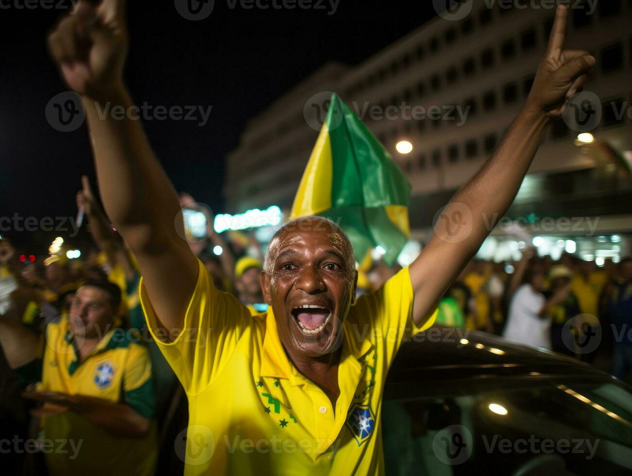 Brazilian man celebrates his soccer teams victory AI Generative photo