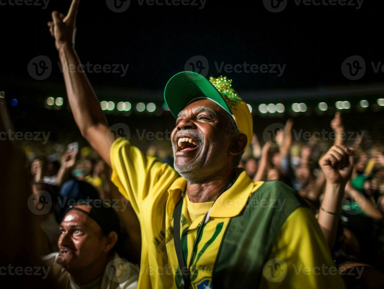 brasileño hombre celebra su fútbol equipos victoria ai generativo foto