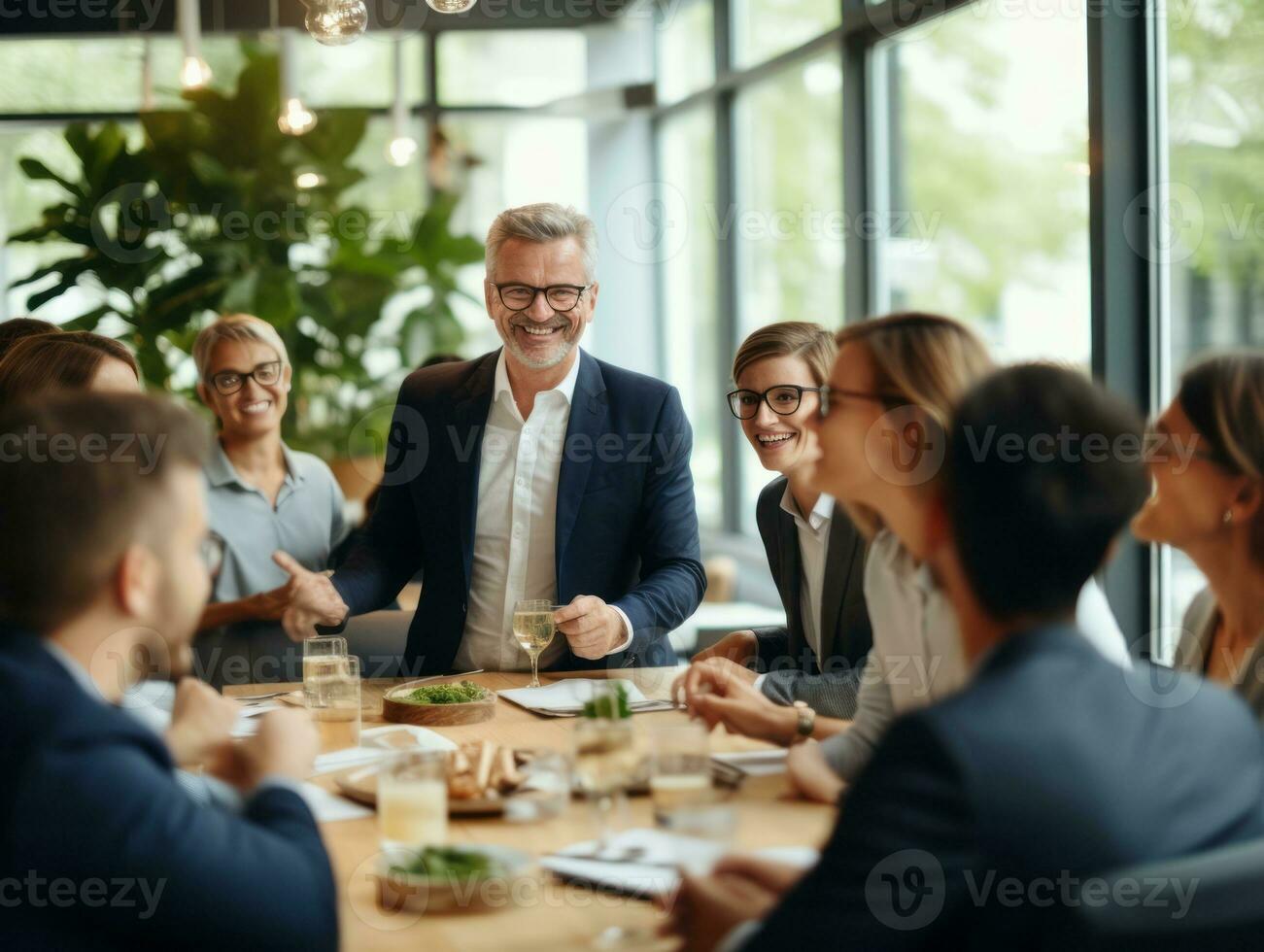 hombre en un negocio reunión líder con confianza ai generativo foto