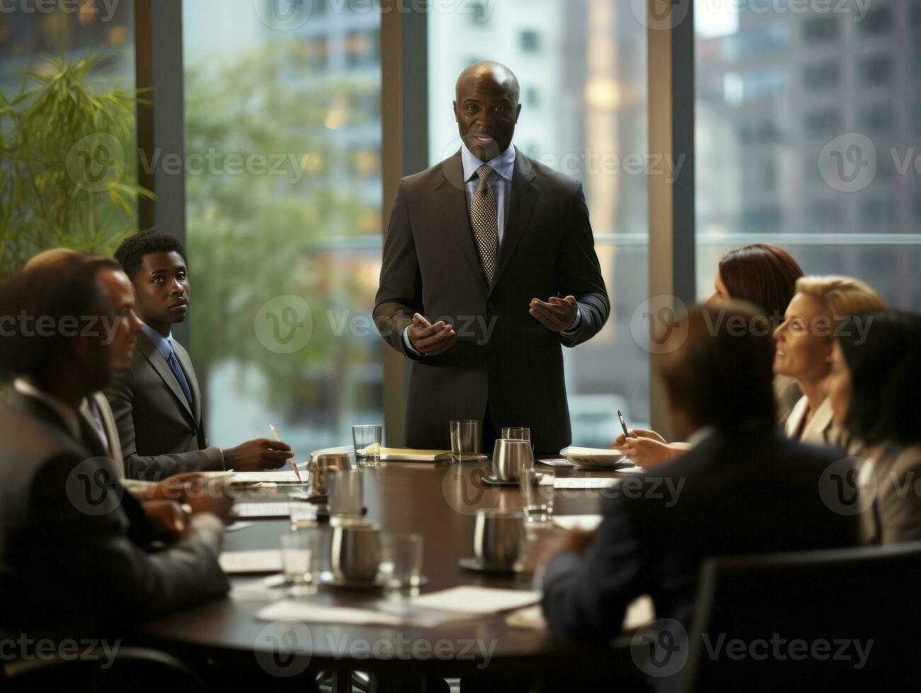 hombre en un negocio reunión líder con confianza ai generativo foto