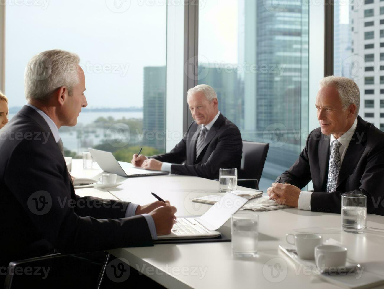 hombre en un negocio reunión líder con confianza ai generativo foto