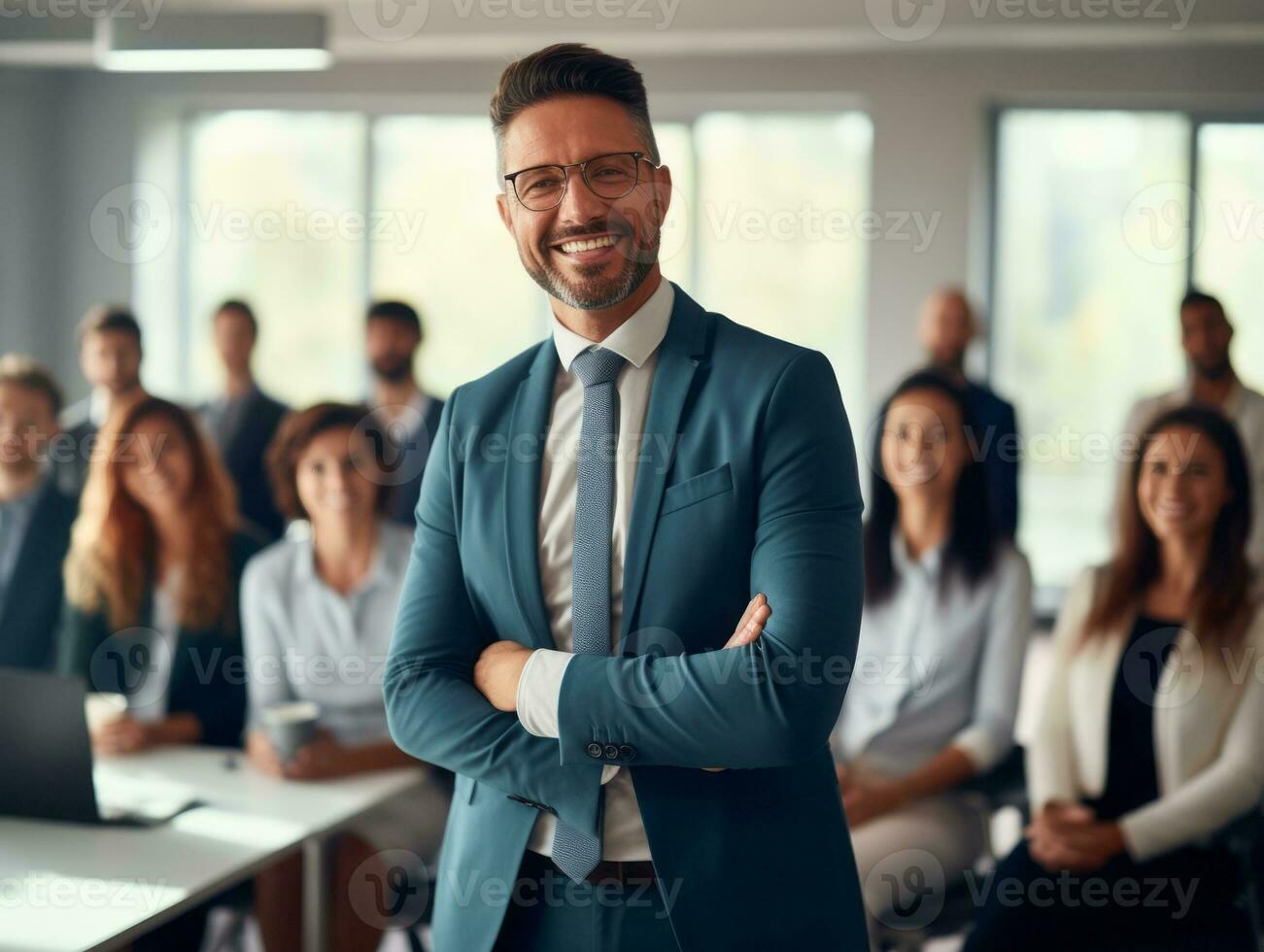 Man in a business meeting leading with confidence AI Generative photo