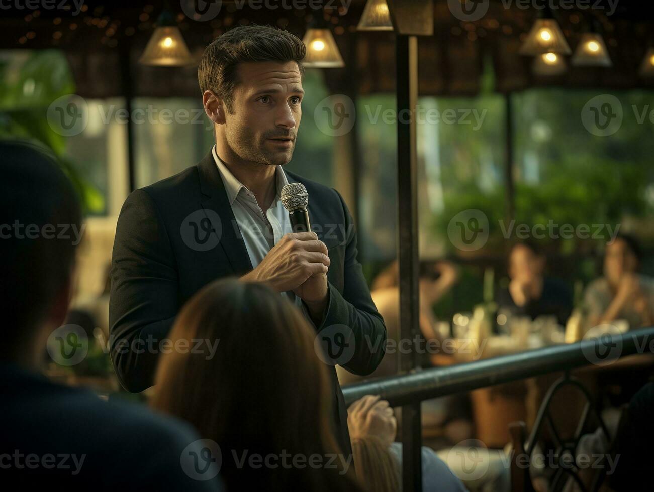 hombre en un negocio reunión líder con confianza ai generativo foto