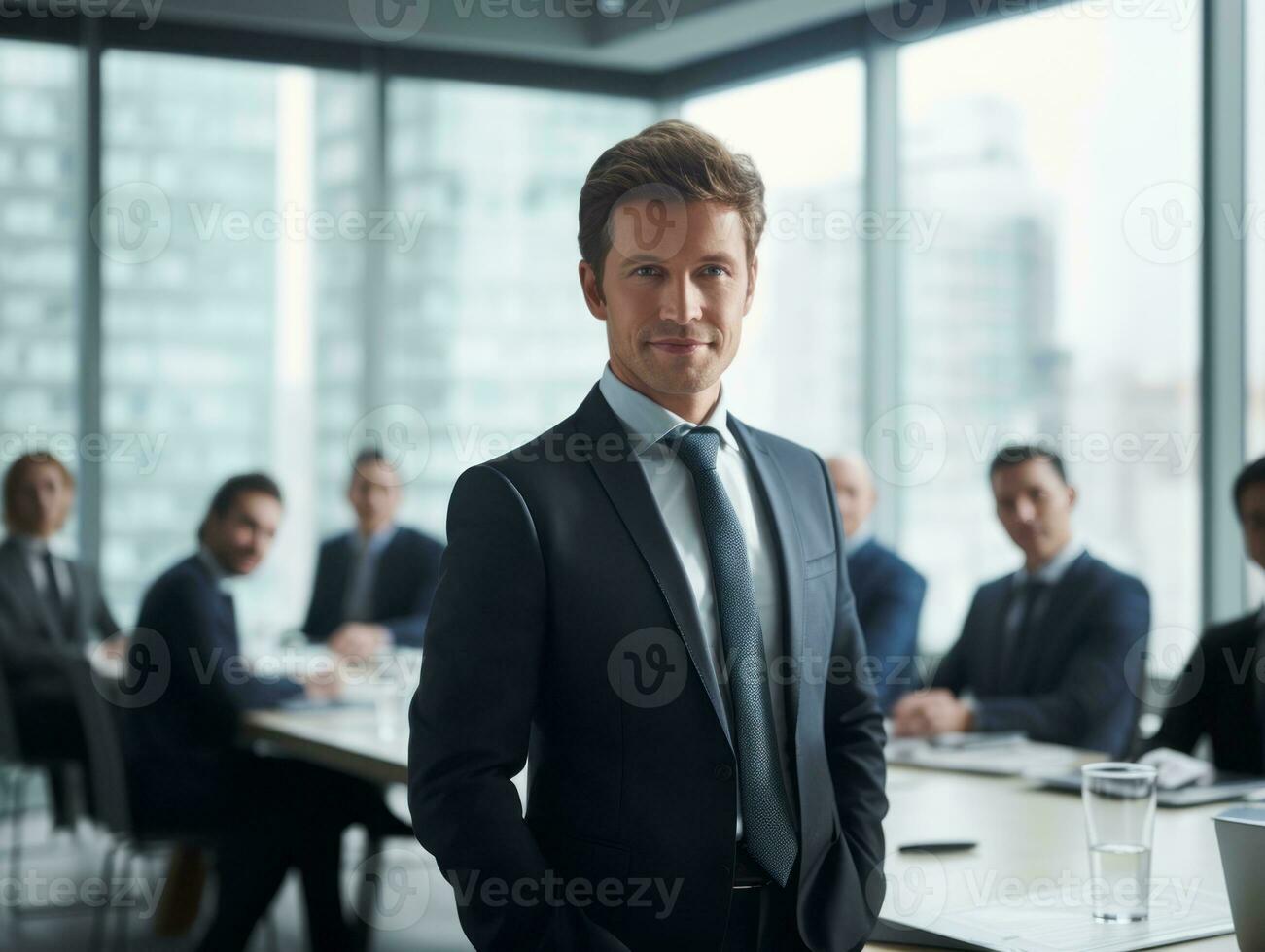 hombre en un negocio reunión líder con confianza ai generativo foto