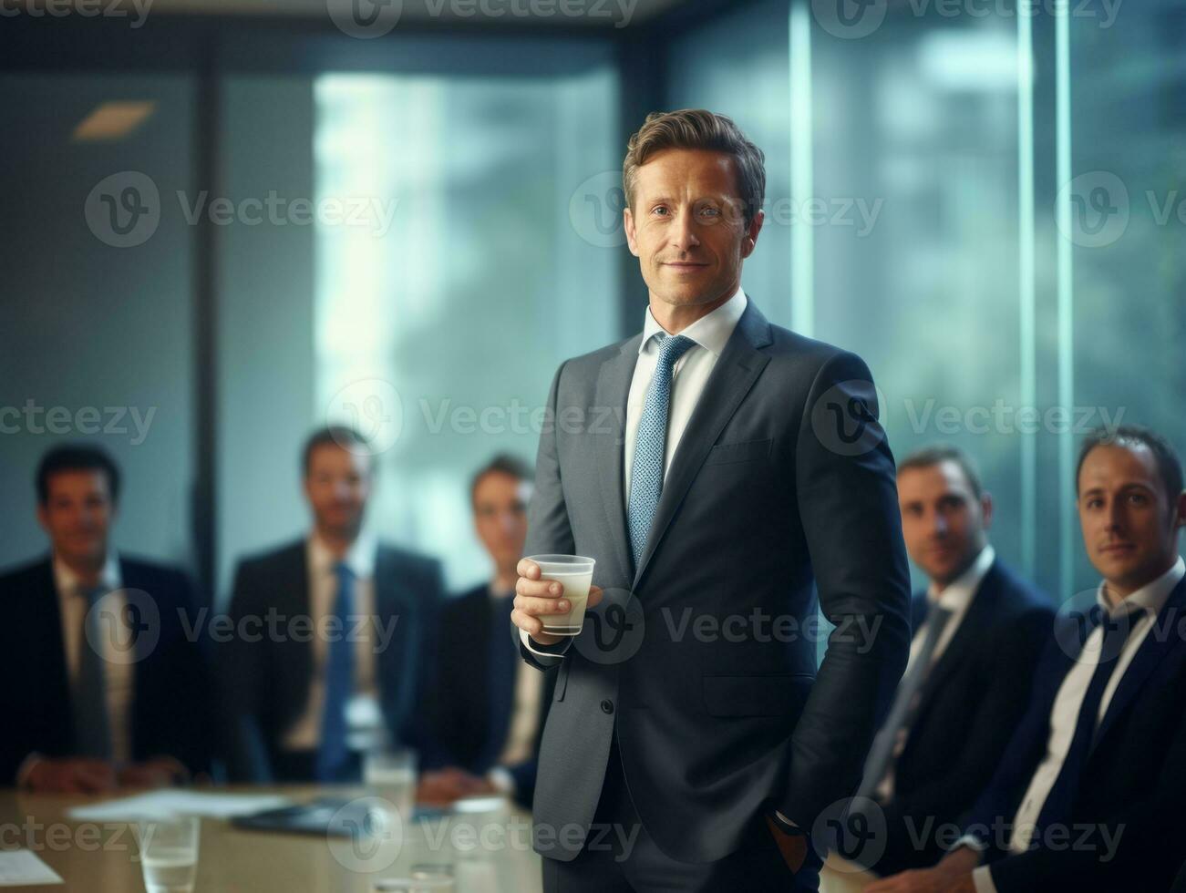 hombre en un negocio reunión líder con confianza ai generativo foto