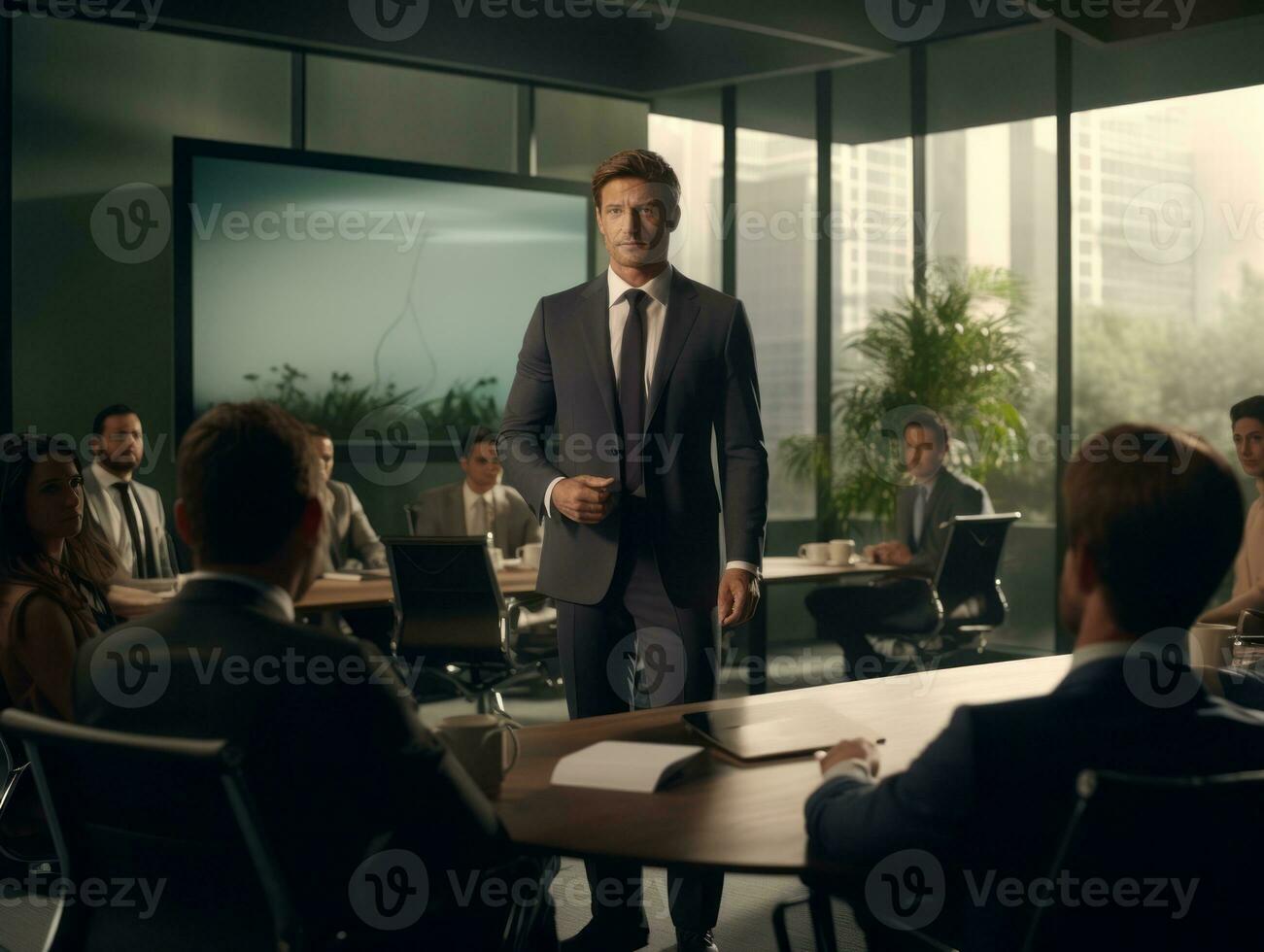 Man in a business meeting leading with confidence AI Generative photo