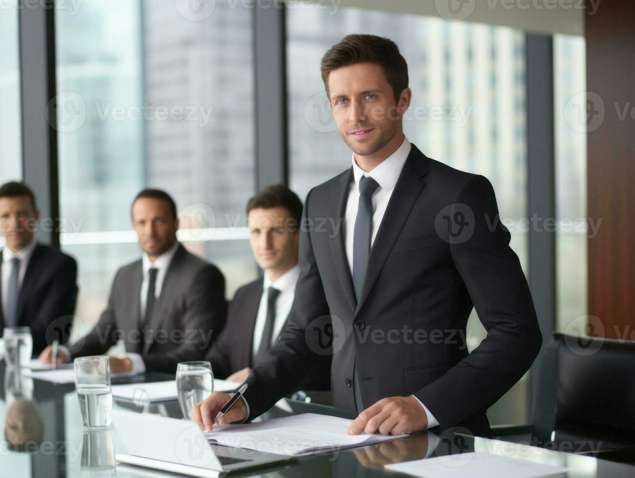 hombre en un negocio reunión líder con confianza ai generativo foto