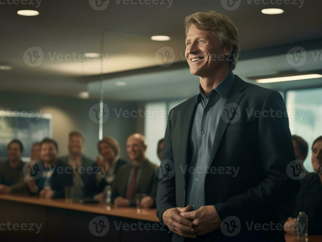 hombre en un negocio reunión líder con confianza ai generativo foto