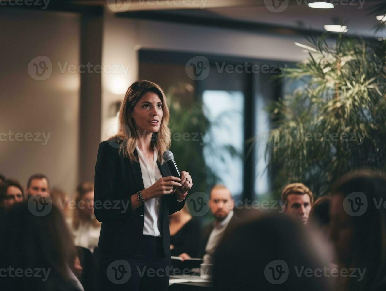 mujer en un negocio reunión líder con confianza ai generativo foto