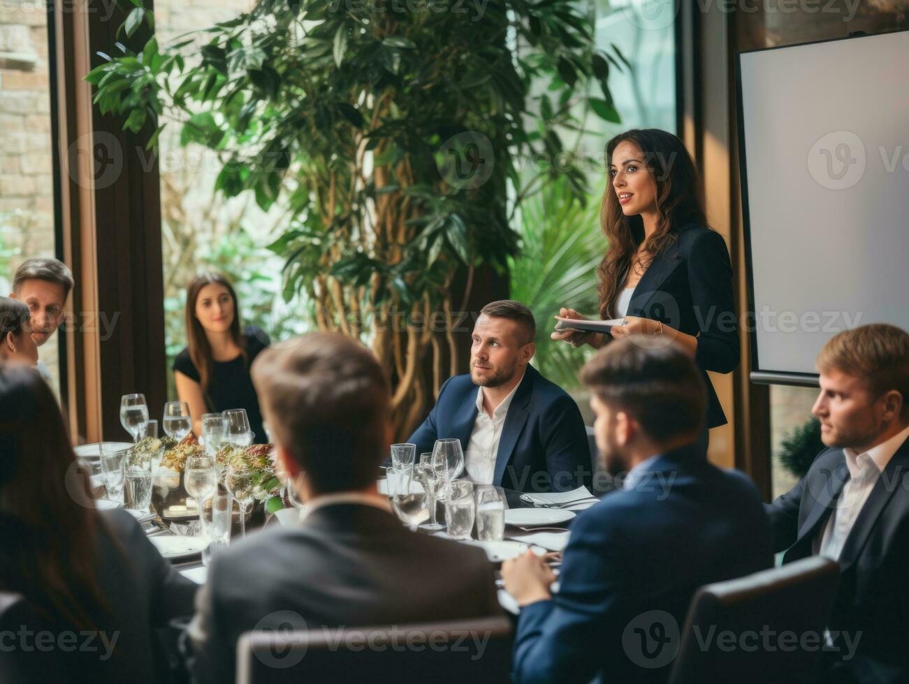 mujer en un negocio reunión líder con confianza ai generativo foto