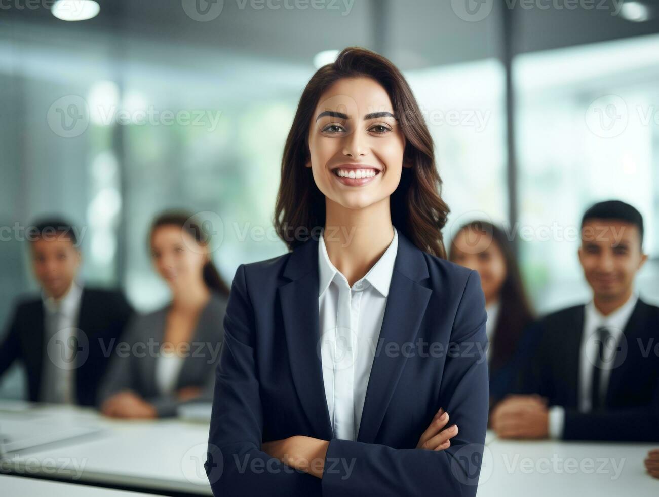 woman in a business meeting leading with confidence AI Generative photo