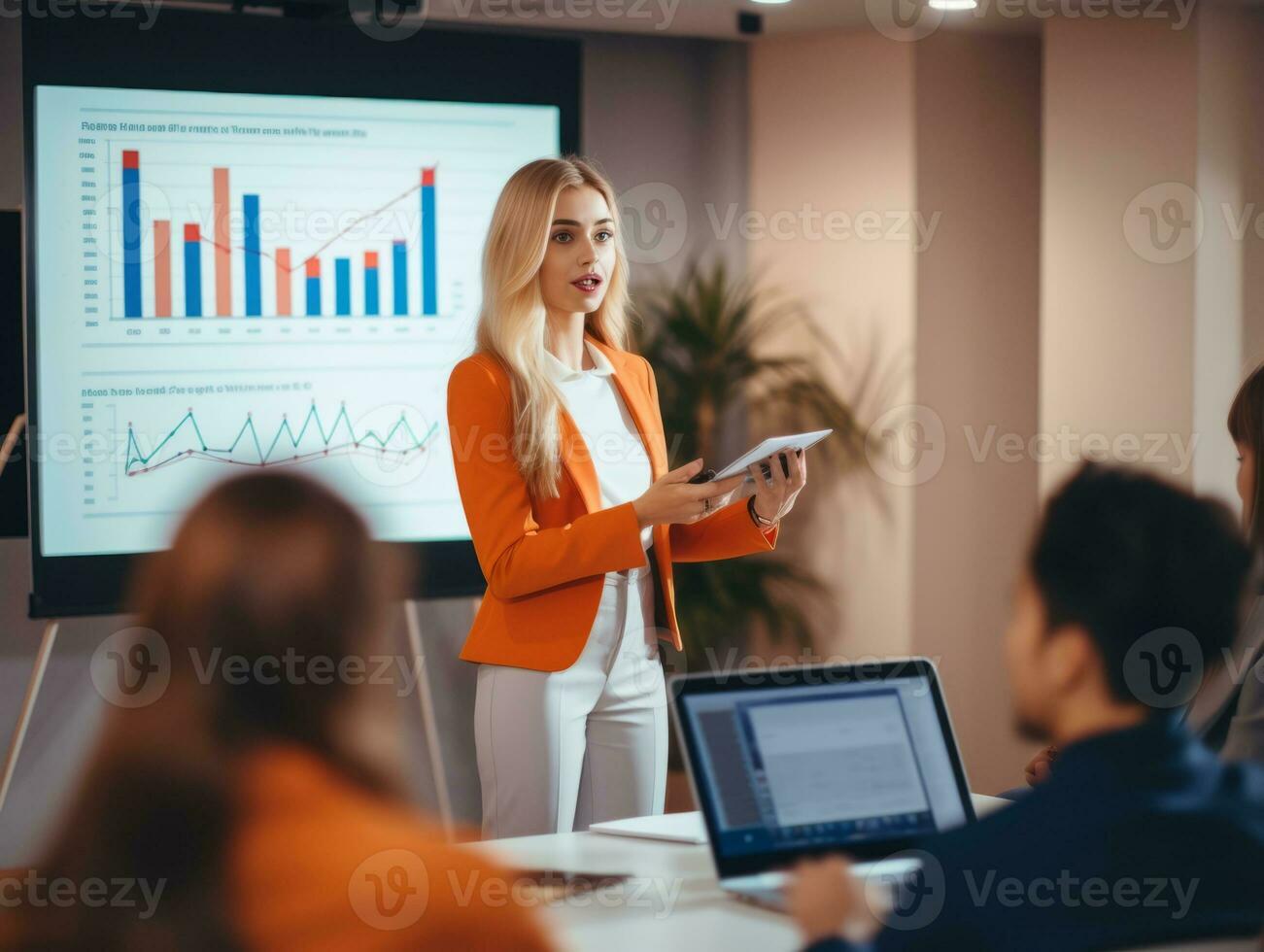 mujer en un negocio reunión líder con confianza ai generativo foto