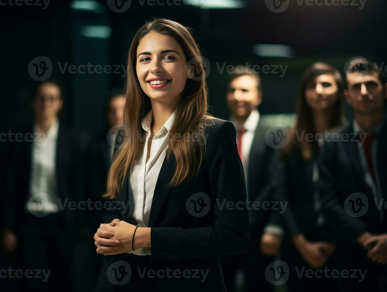 woman in a business meeting leading with confidence AI Generative photo