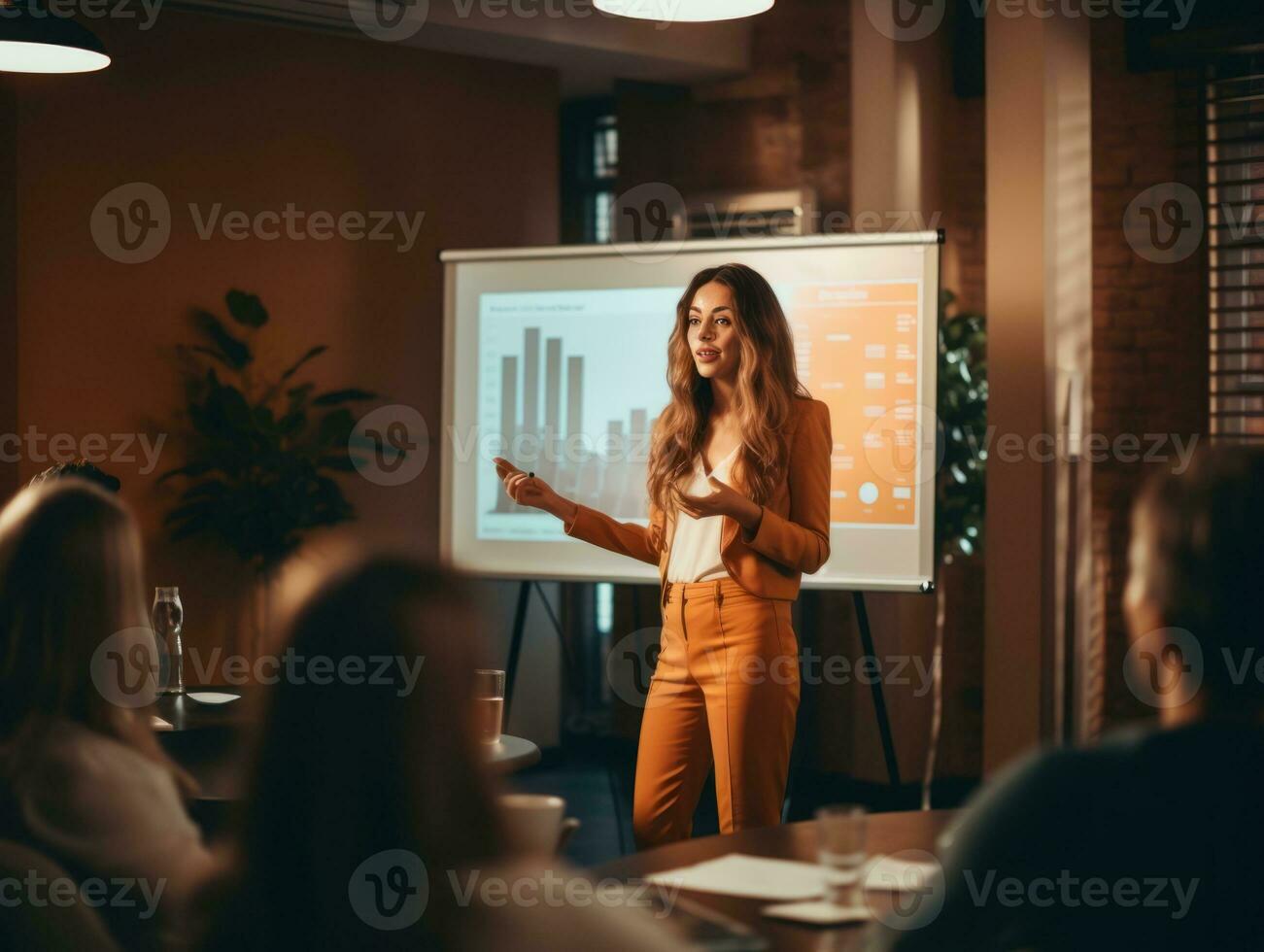 woman in a business meeting leading with confidence AI Generative photo