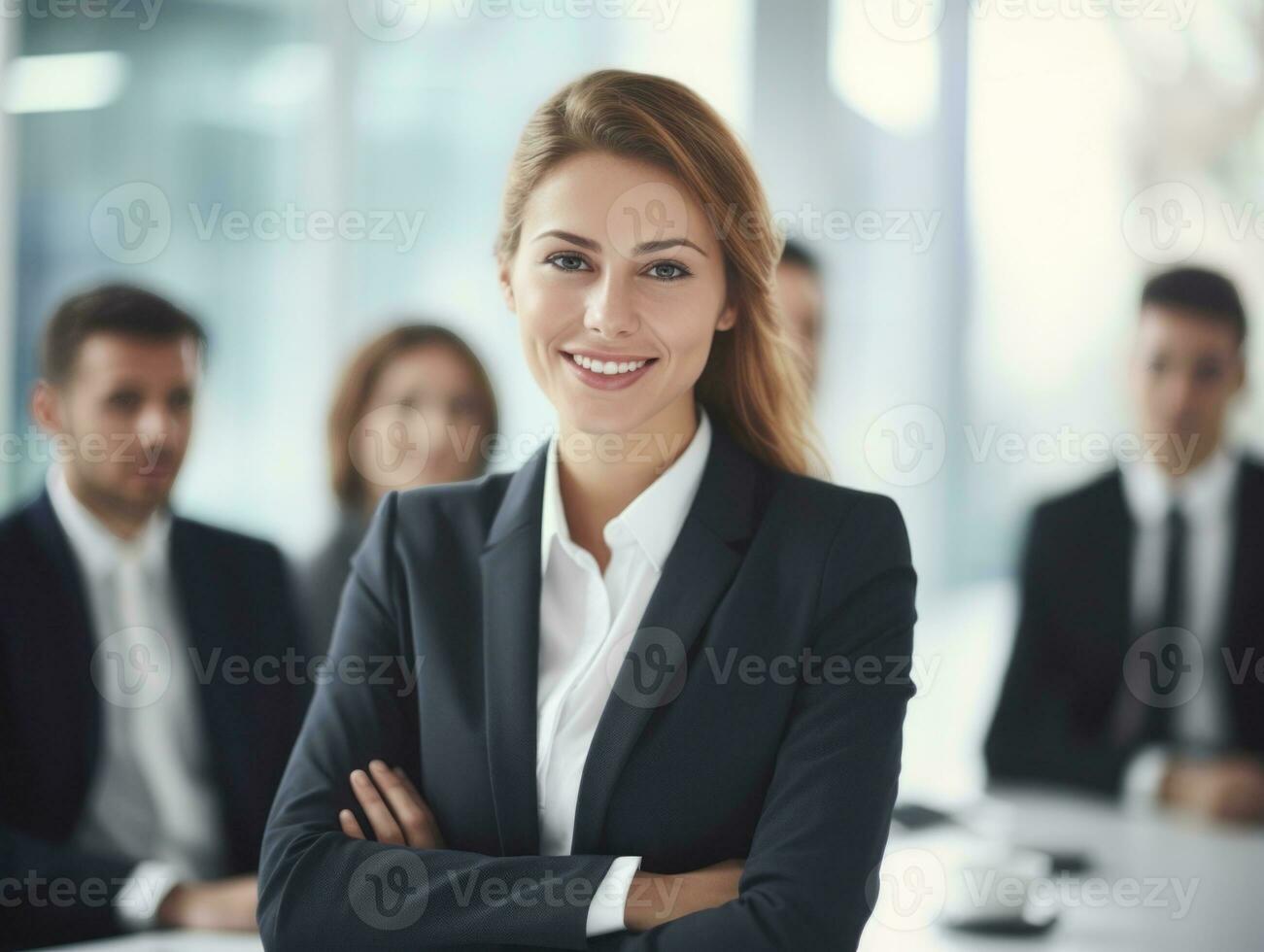 woman in a business meeting leading with confidence AI Generative photo