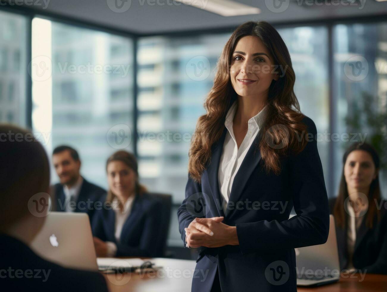 mujer en un negocio reunión líder con confianza ai generativo foto