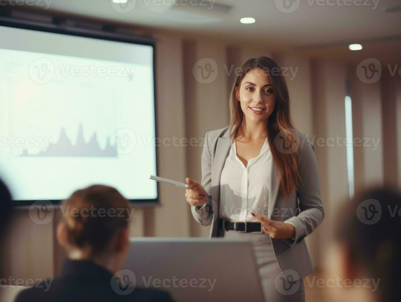 woman in a business meeting leading with confidence AI Generative photo